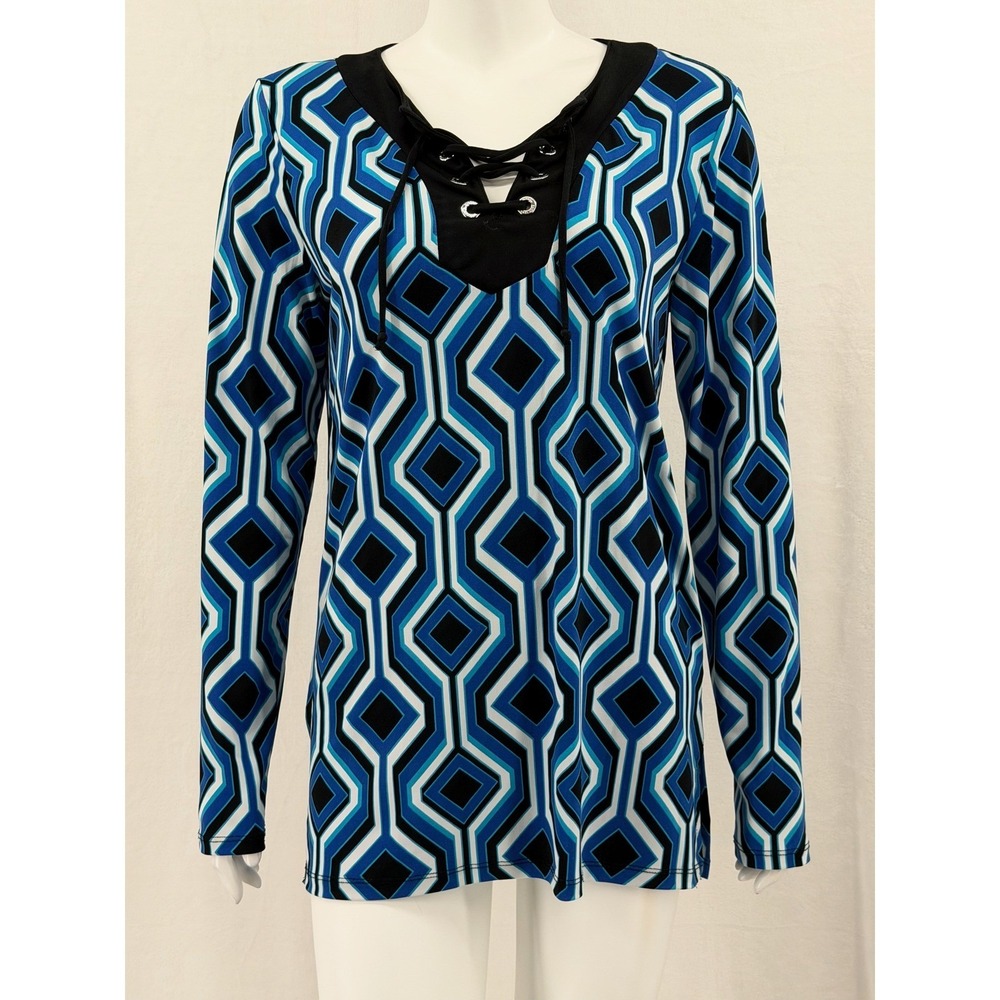 Michael Kors Top Womens Small Blue Geometric Lace Up V-Neck Mod Stretch‎ Office